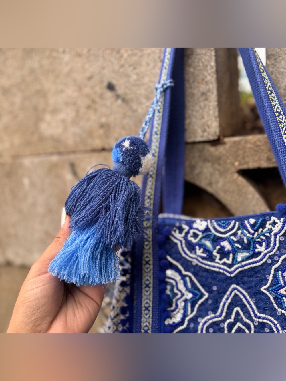 NEW America And Beyond Blue Patterned Tribal Beaded Large Shoulder Bag Boho NWOT - Picture 4 of 12